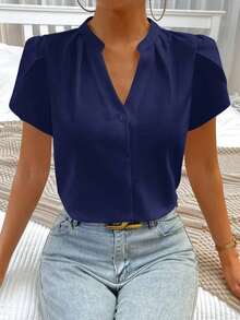 Blusa de trabajo con cuello en pico y mangas de pétalo de color blanco para mujer, blusas de manga corta - Azul marino - Ver 7