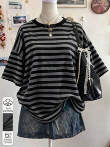 Women's Loose-Fitting, Round-Neck, Dropped-Shoulder, Mid-Length T-Shirt With Textured Digital Print Pattern, A Gift For Friends - Light Grey - View 1