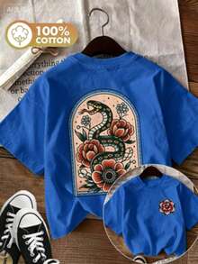 [Double-Sided Print]Summer Casual Women's Top, Vintage Style, Snake And Floral Print, Round Neck, Pure Cotton Short-Sleeve Cotton Womens Vintage Snake - 藍色 - 查看 9