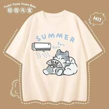 M-8XL de verano para hombre, camiseta de gran tamaño, estilo coreano informal holgado, camiseta con estampado de abanico de gatito, adecuada tanto para hombres y mujeres - Negro - Ver 4