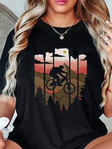Camiseta deportiva casual de mujer con estampado de ciclismo a la moda - Negro - Ver 2