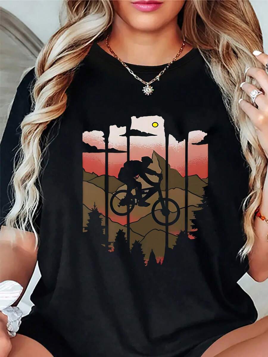 Camiseta deportiva casual de mujer con estampado de ciclismo a la moda