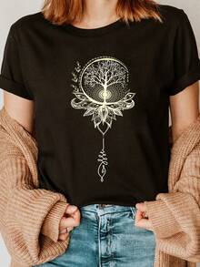 Women's T-Shirt 2026 With Tree Of Life Mandala And Infinity Symbol - Spiritual Meditation Top, Casual Short Sleeve Crew Neck T-Shirt - 黑色 - 查看 7