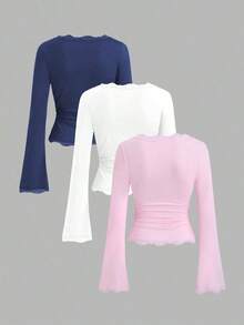 Conjunto de camiseta casual con cuello de encaje y mangas acampanadas estilo vintage francés para mujer, otoño - Multicolor - Ver 2