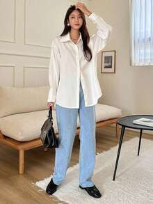 Camisa casual/escolar holgada a rayas para mujer, top de manga larga de estilo preppy para mujer, ropa de otoño - Blanco 2 - Ver 4