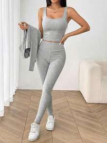 Conjunto deportivo de 3 piezas para mujer: Cárdigan de punto con cremallera + Camiseta + Pantalones en color negro - Multicolor - Ver 4