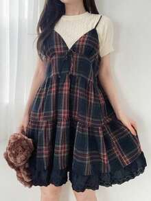 Top holgado y versátil de mujer con tirantes a cuadros, parches, bordados y decoración de lazo en la parte delantera, apto para otoño/invierno y verano - Multicolor - Ver 7