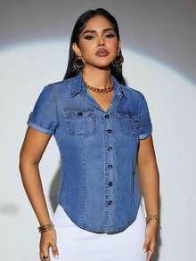 Camisa de manga corta con bolsillo con solapa, bajo curvo y manga enrollada para el verano, parte superior de manga corta - Azul lavado medio 2 - Ver 1