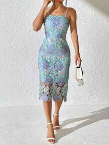 Vestido de tirantes con patrón floral con encaje - Celeste - Ver 5