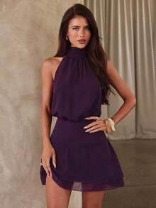 Vestido de mujer sexy y elegante con cuello halter, cintura fruncida de gasa - Morado - Ver 7