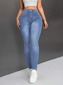 PETITE Jeans De Cintura Alta Para Mujer Ajustados - Azul lavado medio 2 - Ver 3