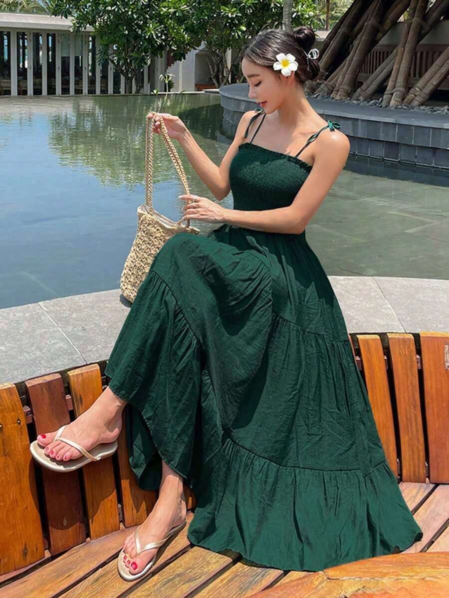 Vestido sin mangas elegante, estilo de alta gama para vacaciones, cruceros de verano, atuendos de mujer bohemios - Verde Oscuro - Ver 1