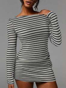 X Scot Louie  Vestido corto de manga larga con cuello de barco y estampado de rayas, informal para mujer - Blanco y Negro - Ver 5