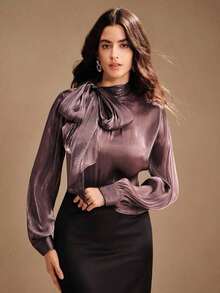 Blusa elegante y chic de cuello alto, manga larga y puños con lazo para uso diario - Morado - Ver 7