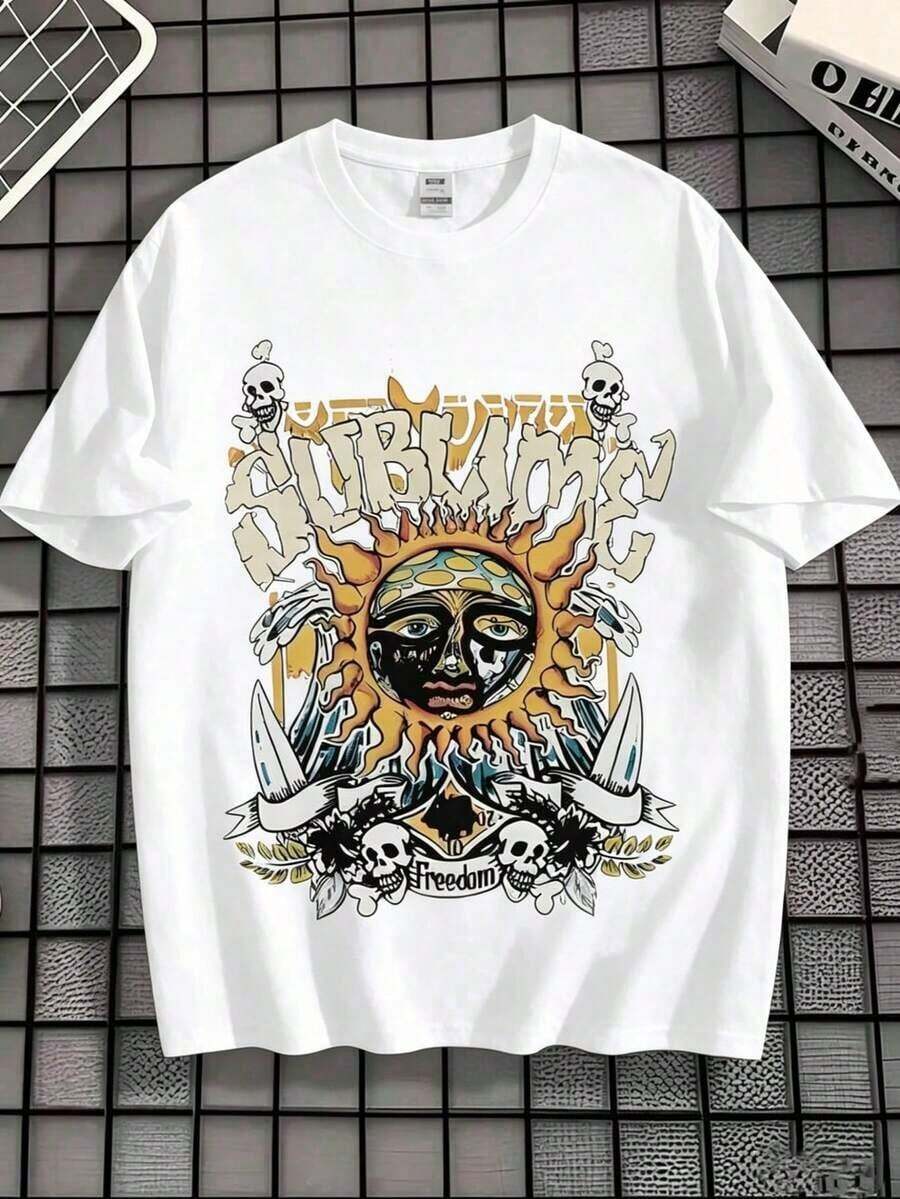 Men's Retro T-Shirt With Skull And Sun Print - 100% Cotton, Vintage Graphic Design, Standard Fit And True To Size, Comfortable And Skin-Friendly Fabric, Short Sleeve, Unisex Casual Wear For Daily Use And Music Festivals, Band Style, Free Theme, Loose Fit Short Sleeve T-Shirt, Vintage Washed Cotton Crew Neck T-Shirt, Soft And Casual. - 白色 - 查看 1