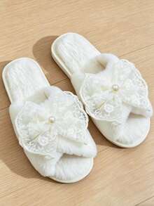 新娘拖鞋，保暖舒适的露趾拖鞋，适合新娘派对、单身派对和婚礼当天穿着，白色平底交叉露趾凉鞋 - 白色 - 查看 2
