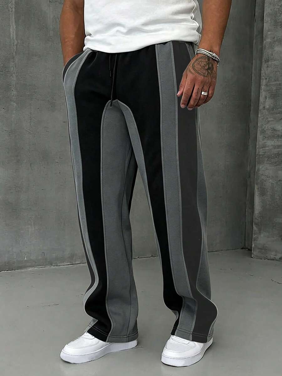 Casual Patchwork Contrast Color Drawstring Loose Wide Leg Men Pants - Dark Grey - View 1