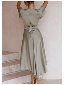 Vestido Mujer Elegante Moda Verano Cuello V Manga Corta Diseño Irregular Estilo Sensual - Verde - Ver 4