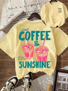 COFFEE CLUB Graphic T-Shirt, Casual Short-Sleeved Round Neck T-Shirt For Women, Suitable For Summer, Vacation, Pink Beach. - 淺黃色 2 - 查看 6