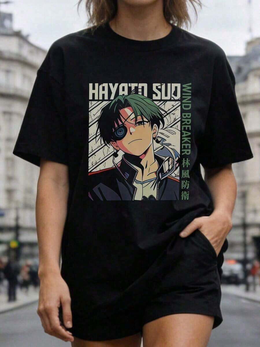 Fashion Printed T‑Shirts for Women, Oversized Streetwear Tops, Comfortable and Stylish All‑Match Summer TeesCamiseta de manga corta de cuello redondo suave y casual de verano para mujer, con estampado vintage de personaje de anime Hayato Sudo Wind Breaker con texto en kanji. - Negro - Ver 1