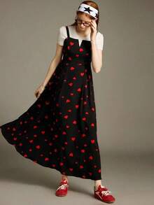 Vestido largo casual y sencillo 2025 nuevo con cuello en V, cinta en la cintura y estampado completo de corazón, con tirantes anchos, elegante y lindo para San Valentín, vacaciones y citas - Negro 2 - Ver 12