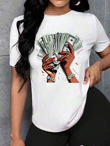Camiseta Casual de Manga Corta Estampada para Mujer , Camisetas Gráficas de Primavera/Verano para Mujer - Blanco - Ver 4