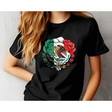 Playera de Mujer con Estampado de Bandera de México y Águila Casual de Algodón Estilo Patrio Suave para Diario - Negro - Ver 7