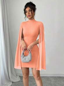 Vestido de capa ajustada con cuello mao de unicolor - Naranja - Ver 5