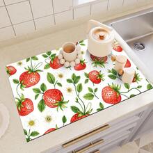 1pc Dish Drying Mat, Coffee Machine Pad, Strawberry & Leaf Floral Pattern, Vibrant Red & Green Color, Suitable For Dining Table & Cafe, Absorbent & Anti-Moisture, Multi-Purpose Drainage Mat, Home Gift, Desktop Decor - XYLSD-368 - View 6