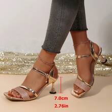 1 Pair Summer Shiny Rose Gold Sequin High Heel Sandals, Teenage Girls Strap Rhinestone Chunky Heel Open Toe Party Date Fashion High Heel Sandals - Champagne - View 2