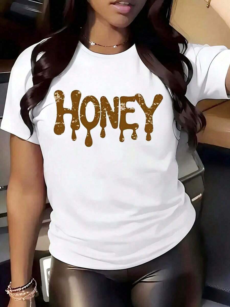 Women's Short-Sleeved T-Shirt With Honey Print And Round Neck - Soft And Comfortable For Spring/Summer, Machine Washable, White With Brown Letter Design. - White - View 1