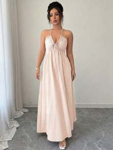 Vestido línea A con escote halter, cordones y espalda descubierta - Rosa 2 - Ver 6