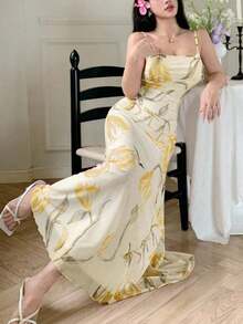 YHHModelyn Vestido casual de verano con tirantes de espagueti, estampado floral de malla y volantes en la cintura para mujerYHH - Celeste - Ver 11