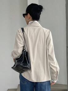 Camisa con botones y bolsillo con parche, blusas de manga larga, ropa de mujer para otoño - Beis - Ver 2