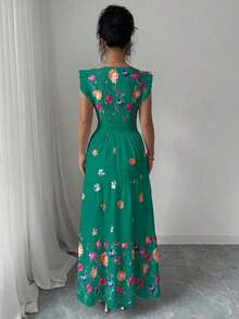 Vestido informal largo con diseño de cuello cuadrado, mangas de campana y cintura ceñida con estampado multicolor, ideal para vacaciones - Verde - Ver 2