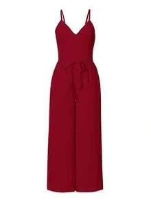Conjunto de top de tirantes básico y pantalones de unicolor para mujeres, adecuado para uso diario - Burdeos - Ver 3