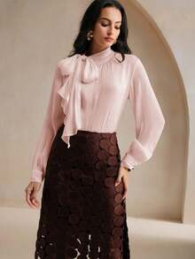 Blusa elegante y chic de cuello alto, manga larga y puños con lazo para uso diario - Rosa - Ver 5