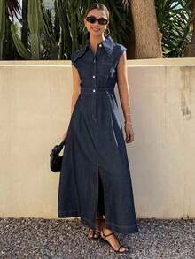 Vestido de mezclilla de unicolor con cuello y cintura ceñida sin mangas para mujer - Azul - Ver 7