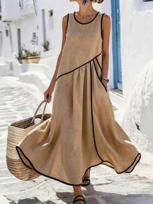 Holidaya Vestido casual de vacaciones con borde de color contrastante, bolsillo asimétrico, vestido largo casual, vestido de primavera/verano para mujer - Caqui - Ver 11
