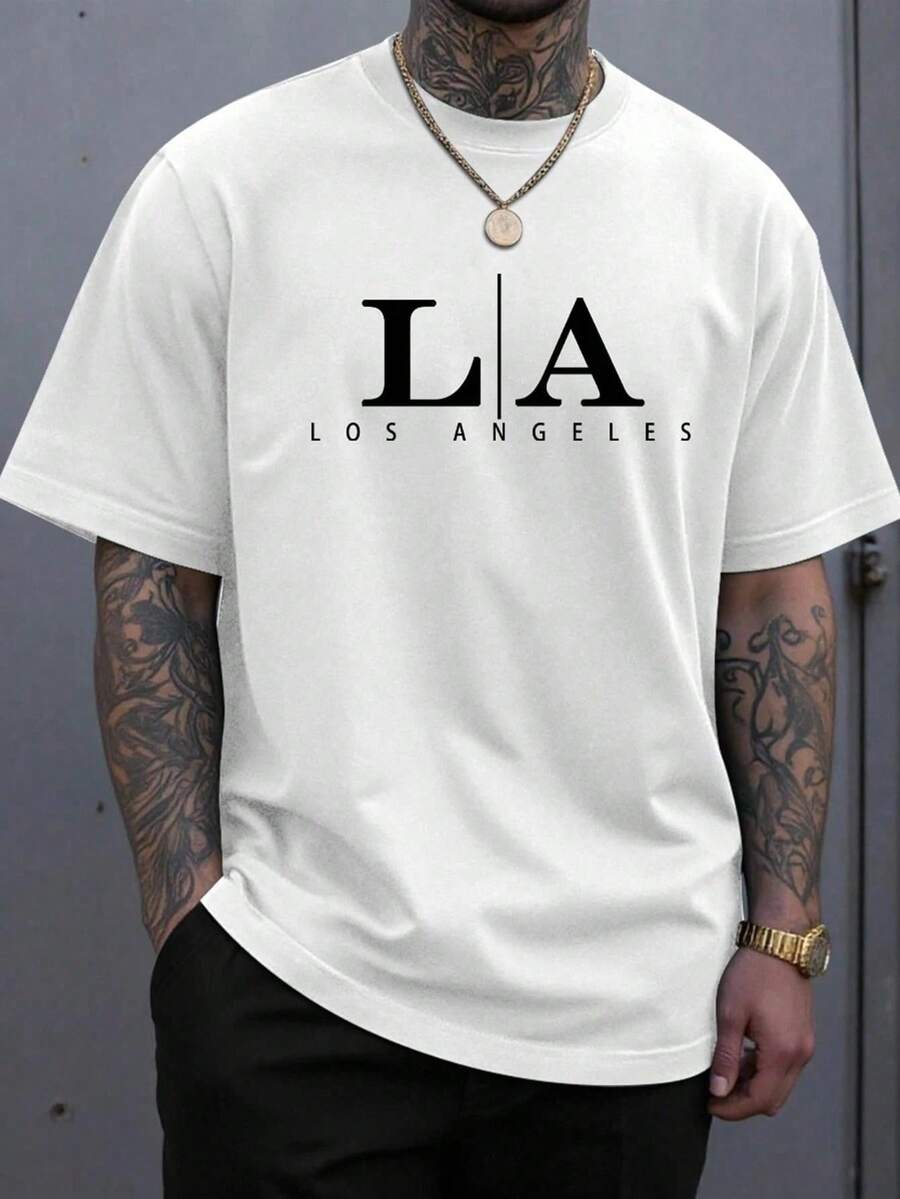 Men's Short-Sleeved T-Shirt, Ideal For Everyday Wear, Casual Outings, Meeting Up With Friends, And Urban Activities. Features A Geometric Letter Print, Crew Neck, And A Casual Streetwear Style, Perfect For Spring And Summer. Domestic Shipping Available In Mexico. - 白色 - 查看 1