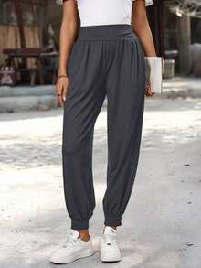 Pantalones casuales de mujer de cintura alta, plisados, con bolsillos y cordón - Gris - Ver 4