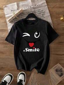 Women's White Short-Sleeved T-Shirt With Round Neck And Cartoon Print, Graphic Tee, Suitable For Summer, Autumn And Winter Outfits. - 黑色 - 查看 2