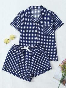 piezas de pijama con pantalón corto, de manga corta y estampado a cuadros para mujeres, ropa de estar por casa de verano - azul real - Ver 8