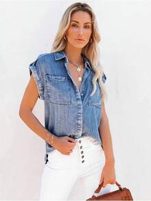 Women's Sleeveless Top, Solid Color Casual Denim Buttons Pocket, Spring/Summer - Light Wash - View 2