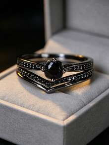 1 Set Vintage Black Zirconia Ring Set, Retro Punk Style Delicate Accessories - JZ6425 - View 3