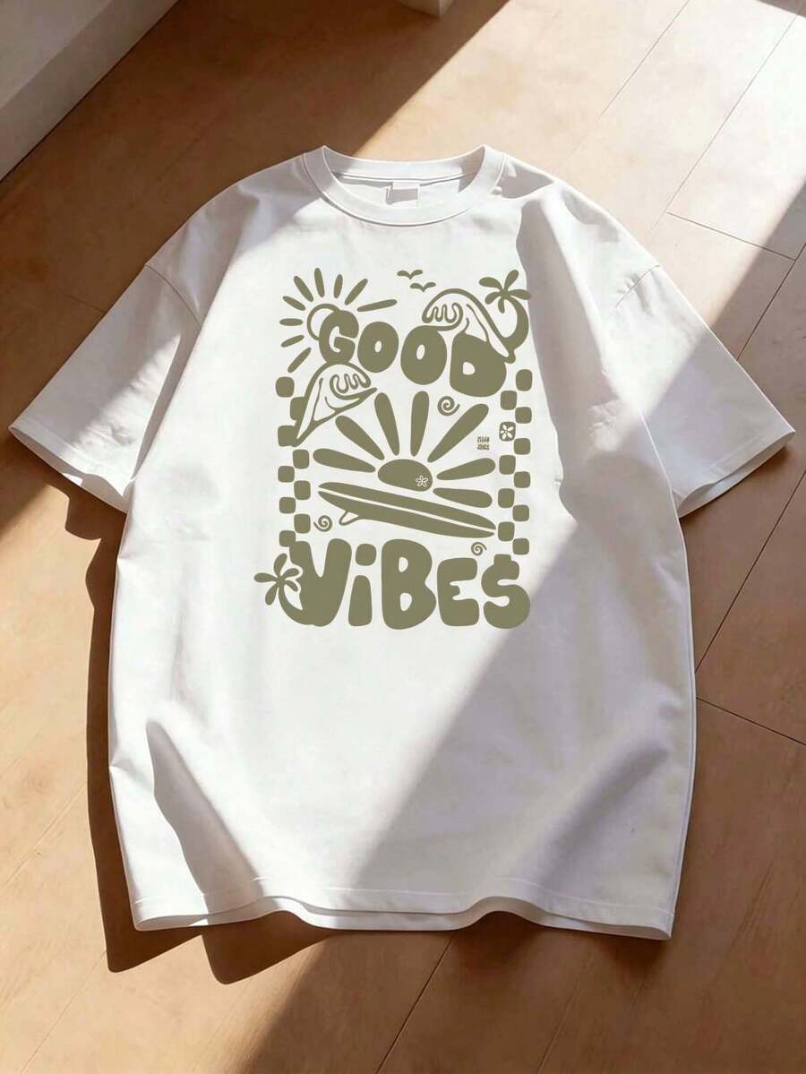 Loose White T-Shirt With Olive Green "Good Vibes" Print Featuring Beach And Surf Motifs, Short Sleeve Round Neck, Retro Summer Casual Top, Comfortable Clothing For Holidays And Everyday Wear, Tropical Surf Style - 白色 - 查看 1