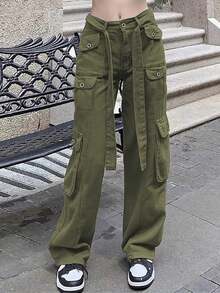 Pantalones cargo de pierna recta de talle medio sin elasticidad, múltiples bolsillos utilitarios y cinturón con cordón, estilo casual streetwear - Verde - Ver 1