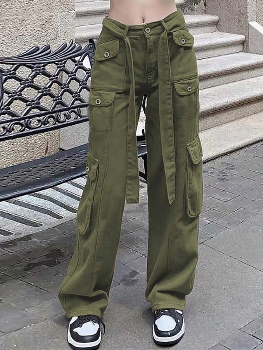 Pantalones cargo de pierna recta de talle medio sin elasticidad, múltiples bolsillos utilitarios y cinturón con cordón, estilo casual streetwear - Verde - Ver 1