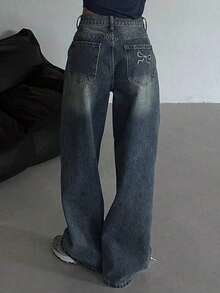 Jeans rectos con bordado de lazo para mujer - Azul lavado medio - Ver 6