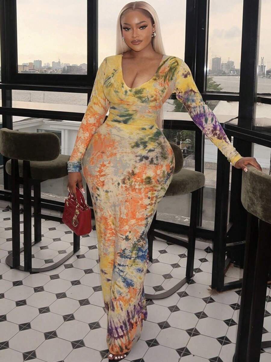 Vestido largo estampado, cintura ajustada, corte entallado, primavera 2026 - Multicolor - Ver 1